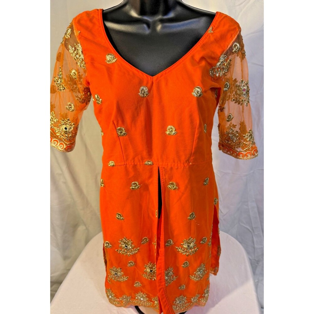 Kurta Indian Beautiful Tunic Orange Embellished Women's Top Small Delicate Fairy